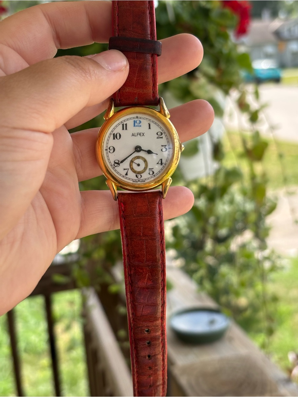 Alfex Swiss made vintage Gold tone Watch with Red Leather Strap